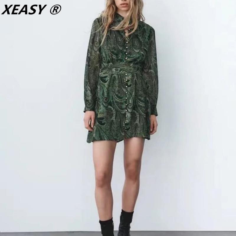 

Casual Dresses XEASY For Women 2022 Print Shirt Dress Long Sleeve Sashe Fall Clothes Slim O-Neck Mini Vintage, Black;gray