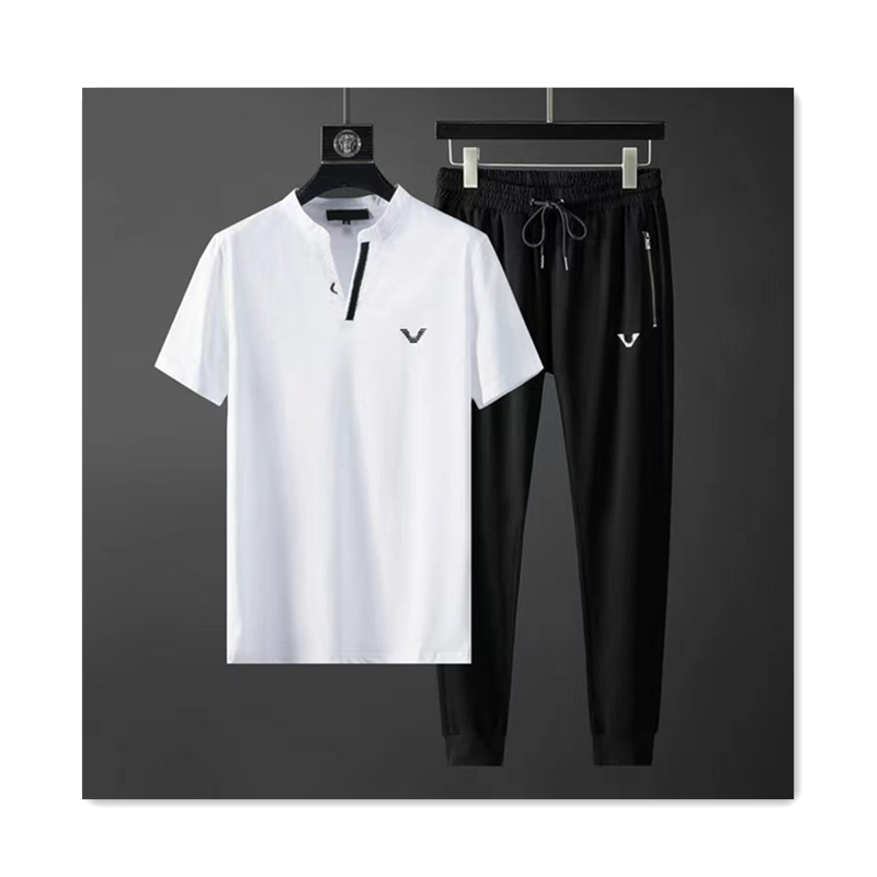 

Classic mens designer t shirt V neck short sleeved trousers 2 piece set cotton lettered men pants drawstring leggings sportswear fashion eisure business suit
