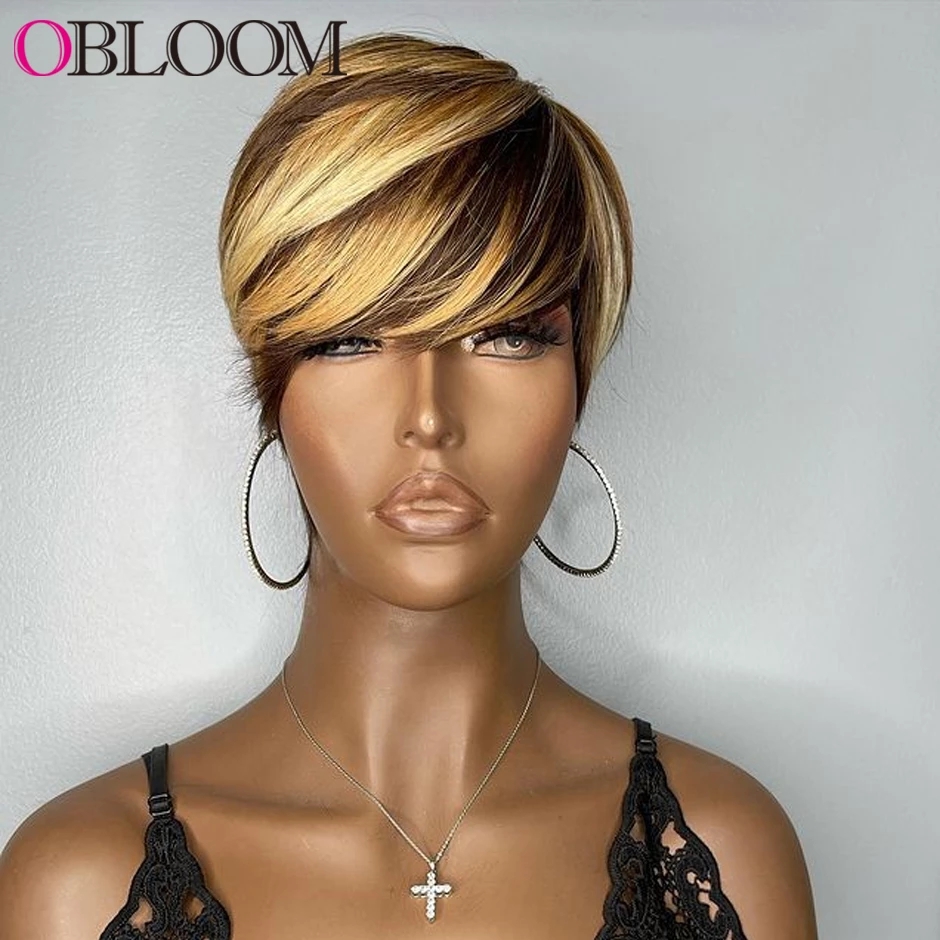 

Highlight Blonde Short Bob Pixie Cut Wig Human Hair Wigs With Bangs Brazilian Wigs for Black Women Full Machine Made, Customize