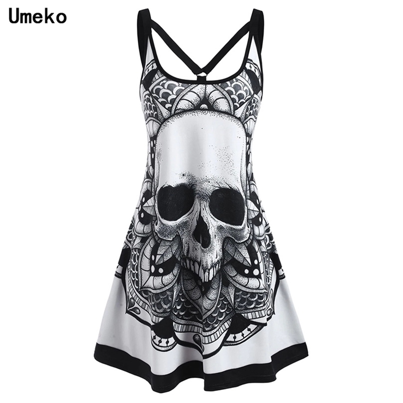 

Umeko Summer Goth Plus Size Skull Print Women Sleeveless Mini Dress Y2K Ladies Casual Dresses for Tver Dark Academia Alt Clothes 220613, Blue