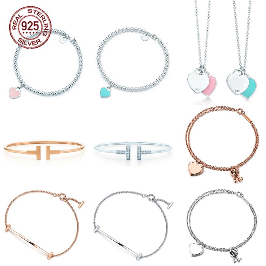 NEW Blue Heart Shaped Bracelet & Bangle 100% 925 Sterling Silver Pink Pendant Simple Tif Design For Women Elegant Fine Jewelry256H