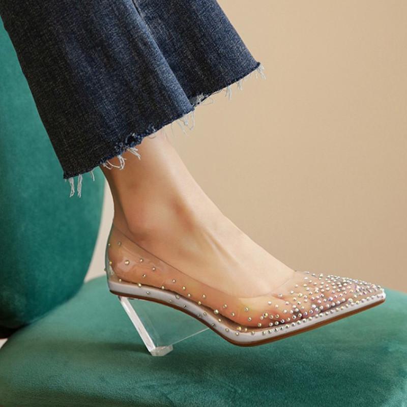 

Dress Shoes Rhinestone Transparent Women High Heels Fashion Pointed Toe Clear Heel Ladies Sexy HeelDress