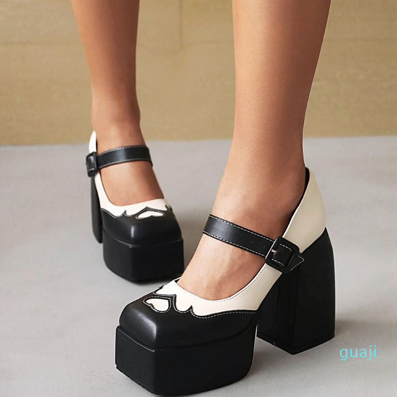 

Dress Shoes Brand Spring Platform Female Pumps Square Toe Walking Comfy Office Lady Woman Mary Jane, Red