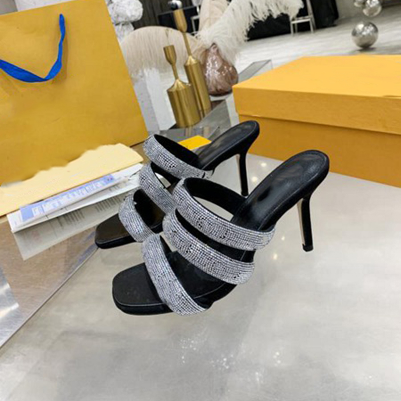 

Luxury Sequins Slippers Woman Summer High Heels Sandals Flat Thick Stiletto Heel Designer Slides Slipper With Box, 5#