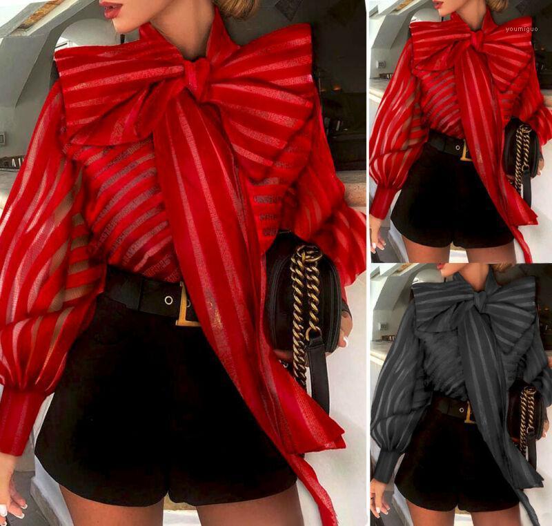 

Women Lantern Long Sleeve Sheer Striped Tops Blouse Ladies Casual OL Bow Tie Neck Shirts Women' Blouses, Black