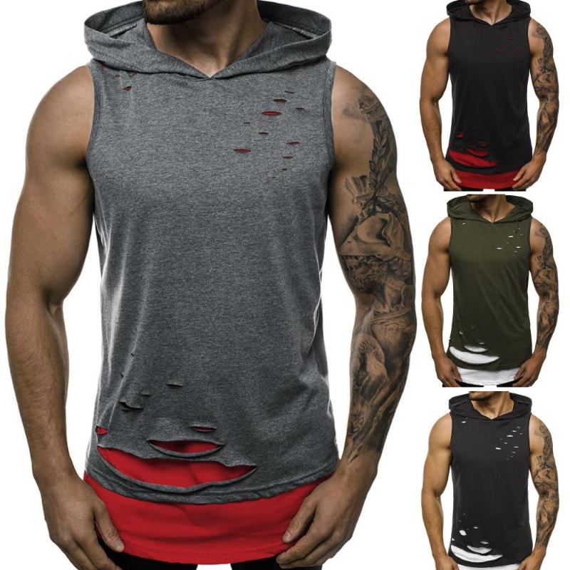 

Men' Tank Tops Breathable Men Summer Stylish Double Layer Ripped Sleeveless Vest Sports Hoodie Blouse Sweatshirt With Hood, Black red