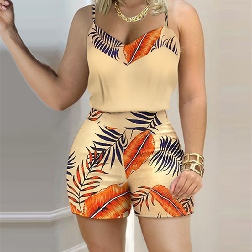 Two Piece Set for Women Summer Shorts and Tank Tops Matching Sets Sleeveless Camis Boho Print Beach Fashion Casual 2 Pcs Outfits 220602