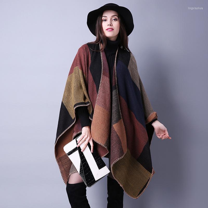 

Scarves Autumn And Winter Scarf Wild Plaid Ladies Travel Shawl Imitation Cashmere Ethnic Style Split Thickened Cloak Various ColorsScarves