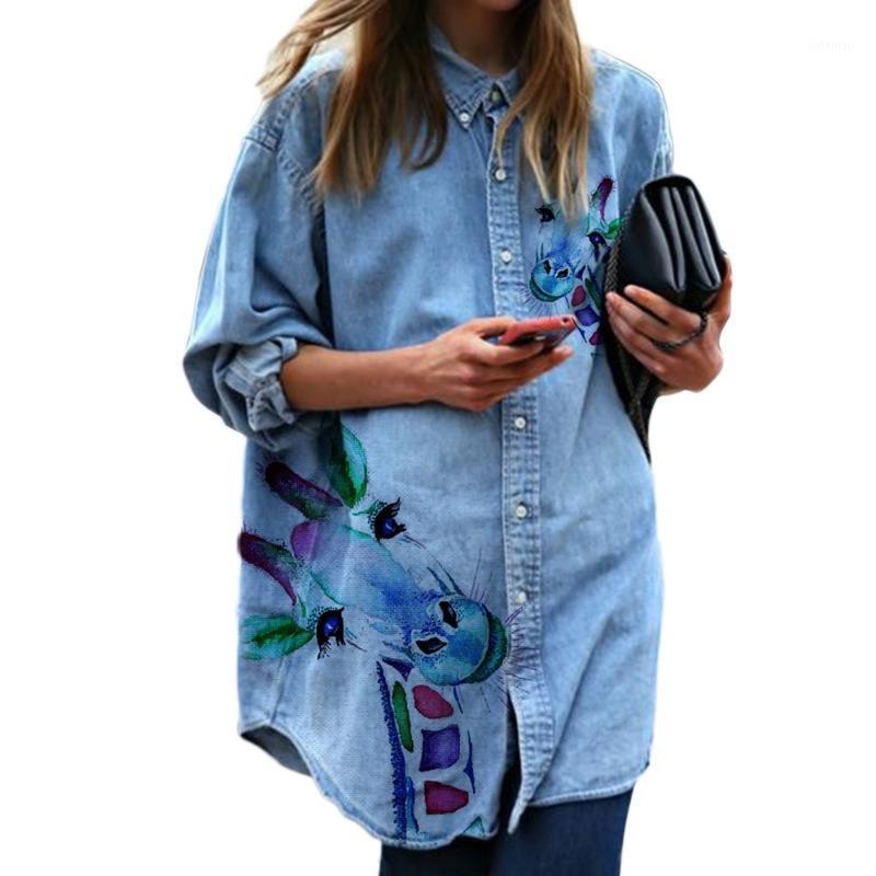 

Lugentolo Women Blouse Cotton Long Fashion Printed Denim Color Turn-down Collar Single Breasted Shirts Streetwear Women' Blouses, Blue