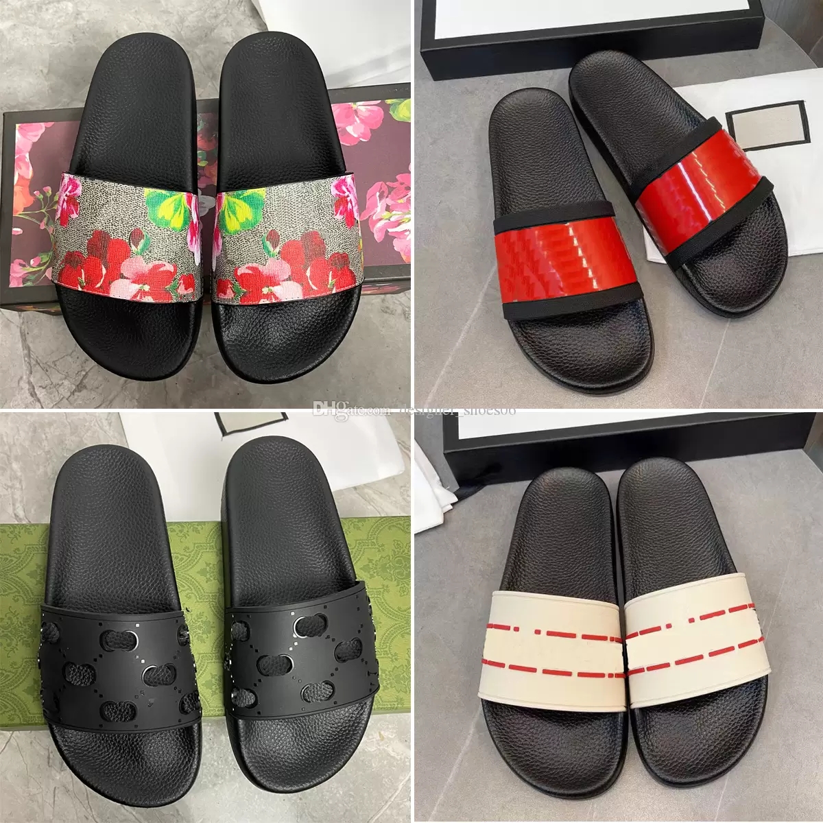 

2022 Designer Slippers Women Man Sandals Classic Real Leather Bees Green Red Slides Platform summer beach striped Luxury Brand Casual Flats Shoes Flower Box 35-46, 16