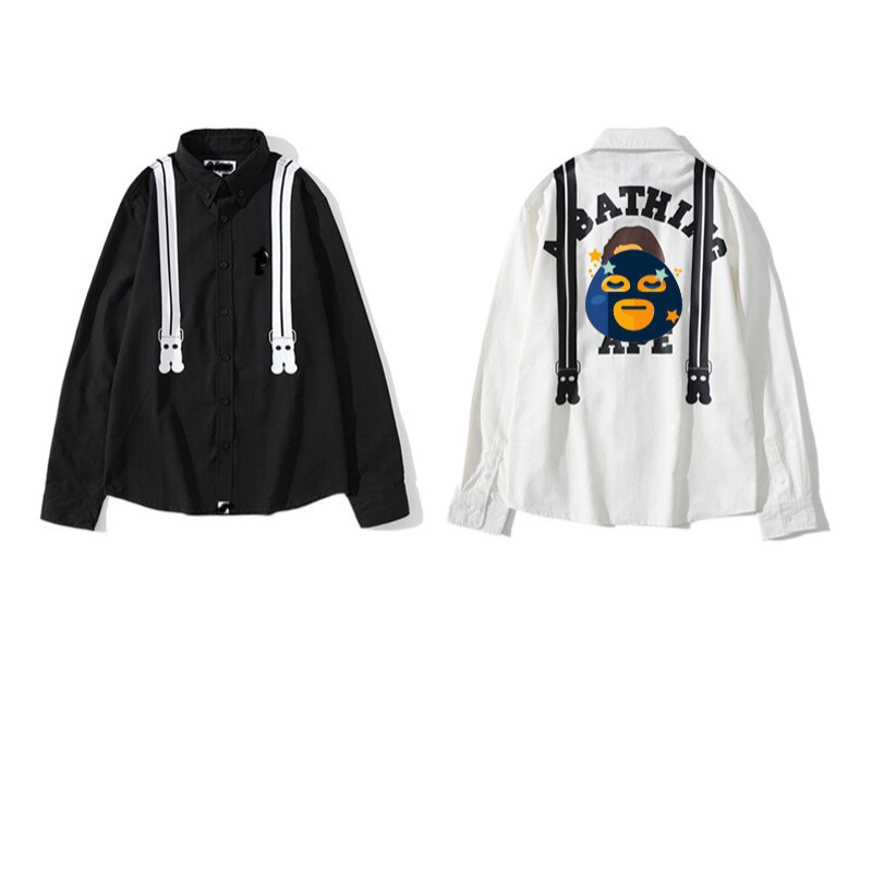 

Japanese tide brand men's casual shirt Shark mouth bathing ape false shoulder strap spring black and white shirt