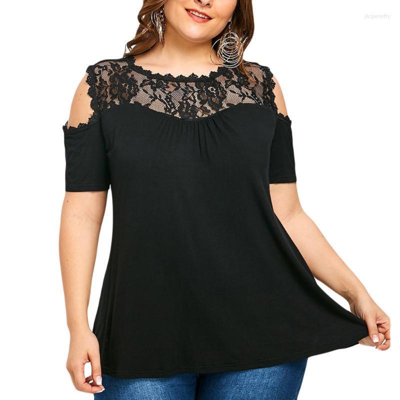 

Women's Plus Size T-Shirt Ladies Summer Lace Cold Shoulder Short Sleeve Shirt Women Blouse Fashion Tee Woman Tops Casual Female Shirts Jasp2, Black