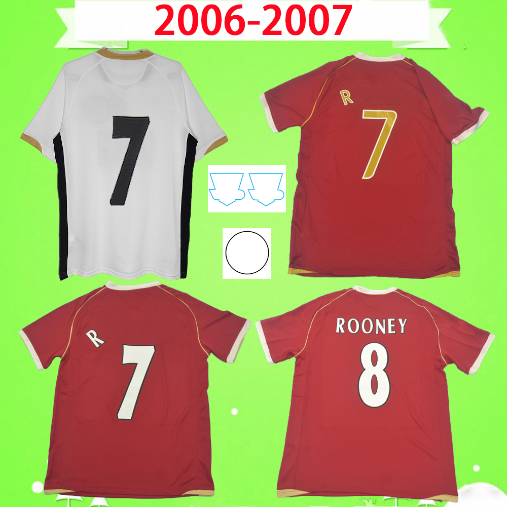 

2006 2007 ROONEY MAN GIGGS 06 07 Retro soccer jersey classic antique utd football Shirt With patch Golden font S-2XL home red away white top quality, 06/07 with patch