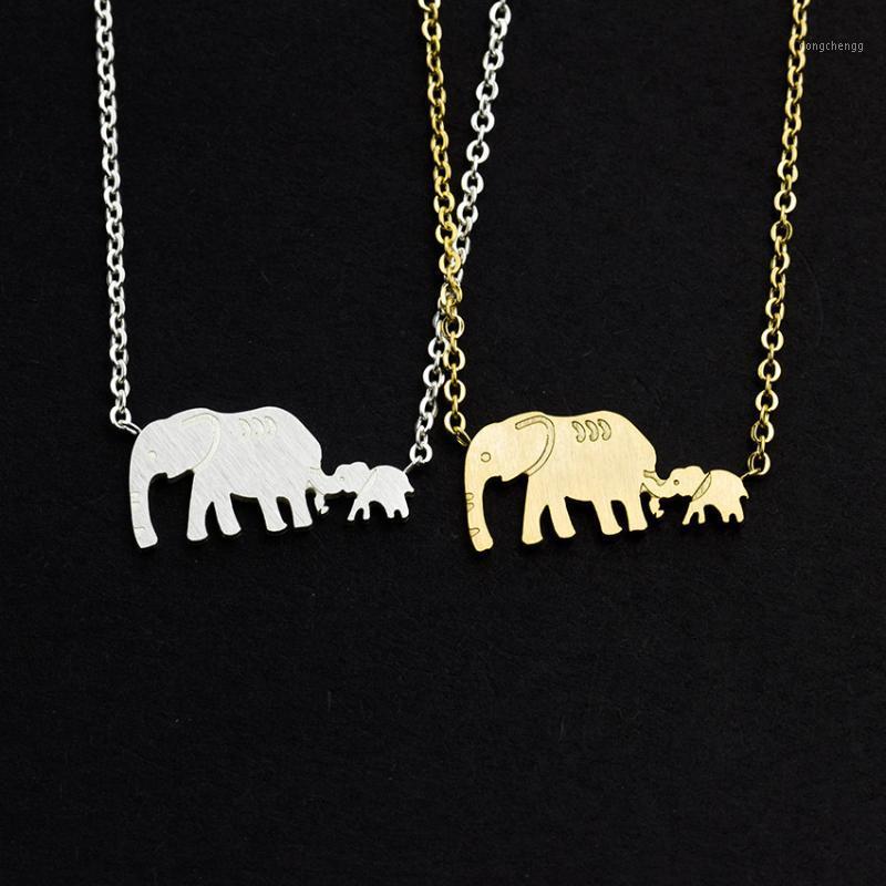 Pendant Necklaces Double Elephant Mother Gifts Dainty Jewelry Stainless Steel Animal Mama Baby Pendants Collares Mujer Bijoux