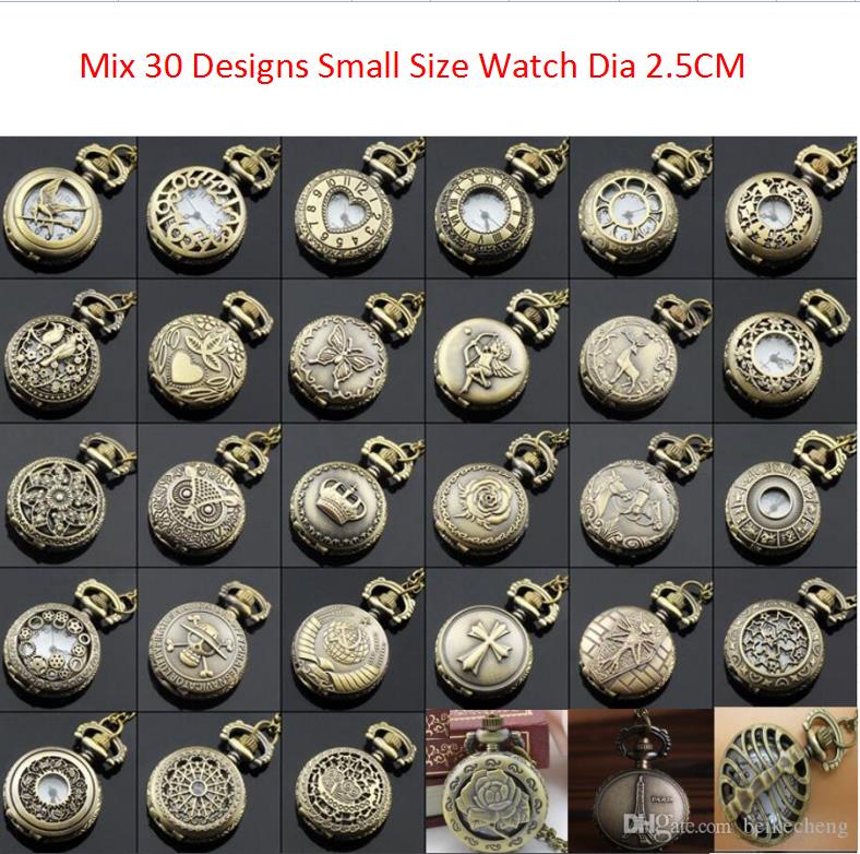 Atacado 100pcs/lote mix 30 designs case dia 2.5cm Chain Chain Bronze Bronze Small Crown Watch Pocket Watch PW048