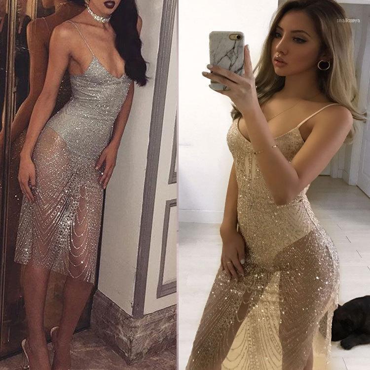 

Blingbling Sequined See-though Sling Bodysuit Dress Casual Dresses, Gold