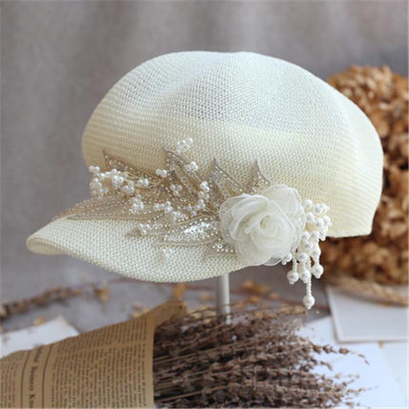 

Berets 202205-shi Lace Drop Sequin Leaves Pearl Tassel Independent Design Breathable Lady Sboy Cap Octagonal Hat Visors CapBerets, Small flower