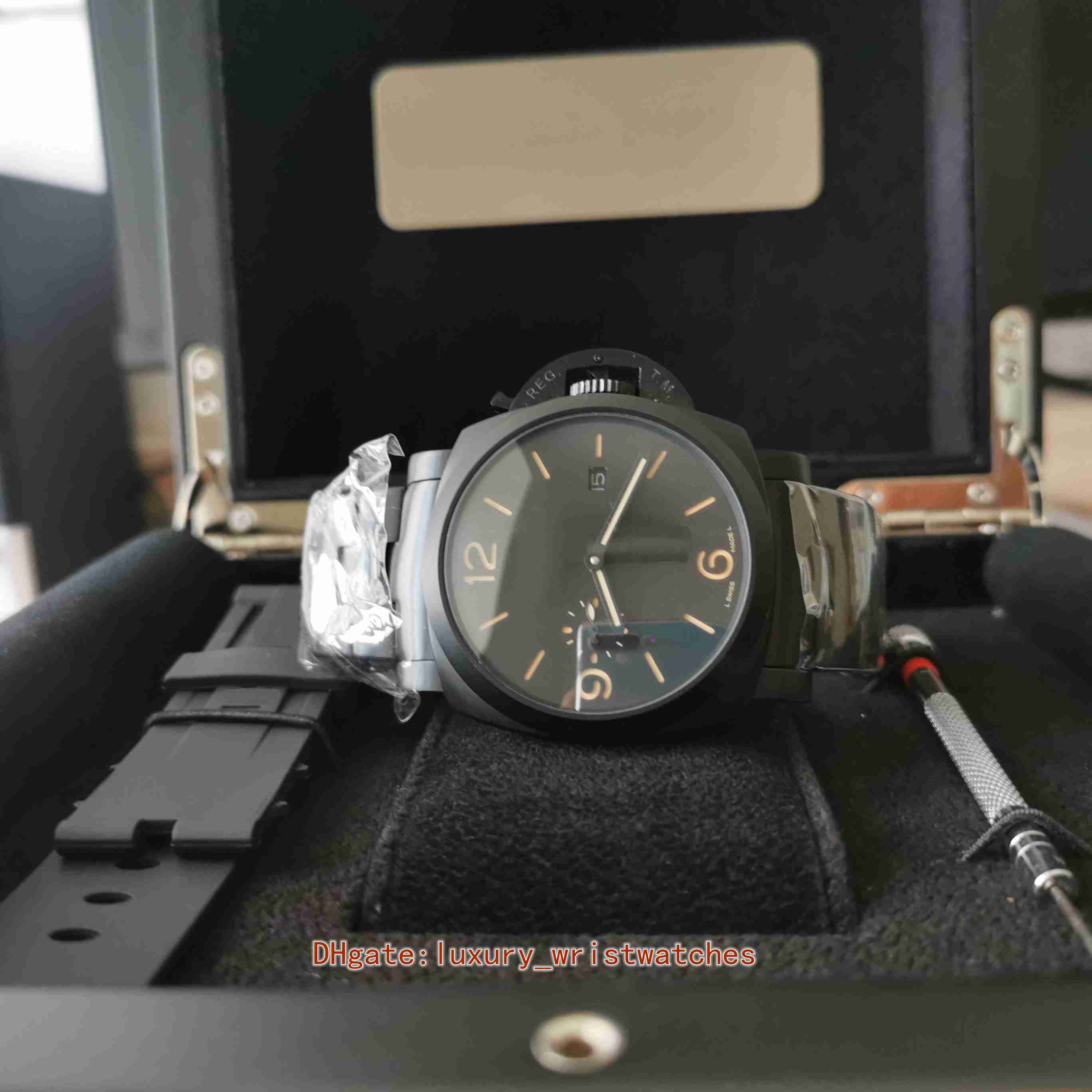 

With Box Papers Excellent men Watches 44mm PA00438 438 GMT 3 Days Black PVD Case Sapphire Transparent Mechanical Automatic Mens Watch Men's Wristwatches, Buy only watches