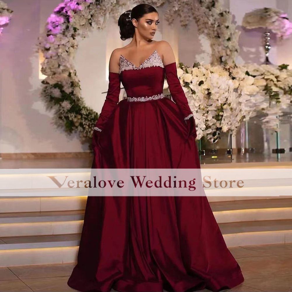 

Arabic Saudi Prom Dress A Line Sweetheart Satin Beads Evening Gowns Long Sleeves Occasion Guest Party Wear, White