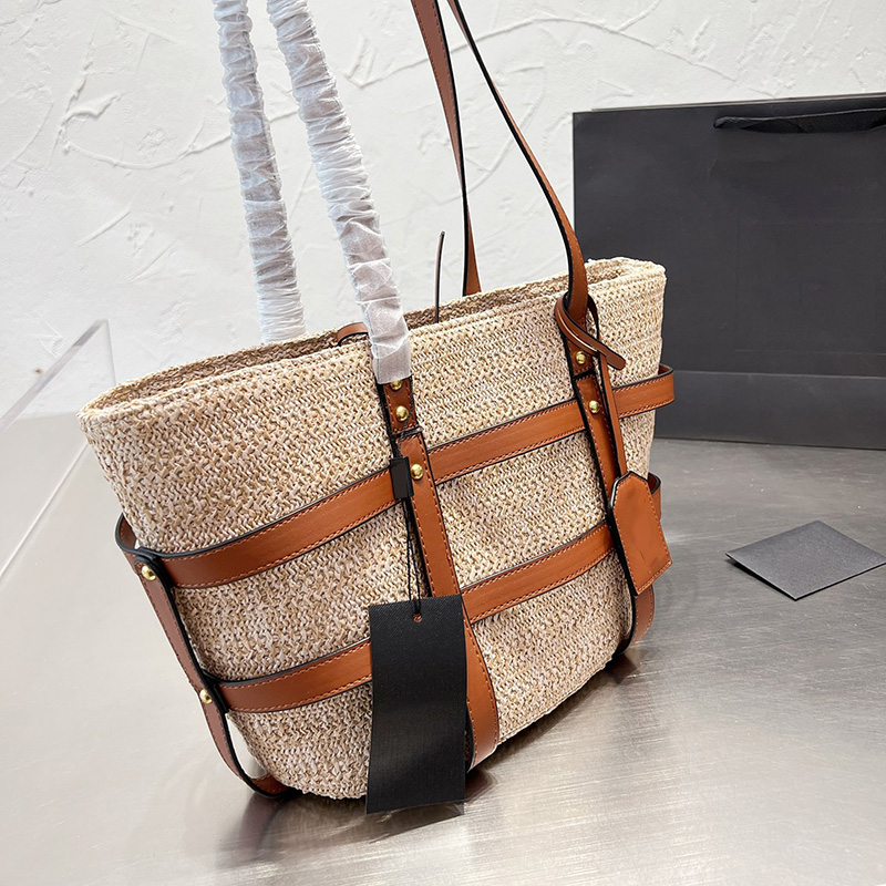 

30CM 22P Womens Jumbo Shopping Raffia Beach Bags Genuine Leather Top Handle Totes Large Capacity Outdoor Sacoche Handbags Luxury Designer Luggage Purse, Box