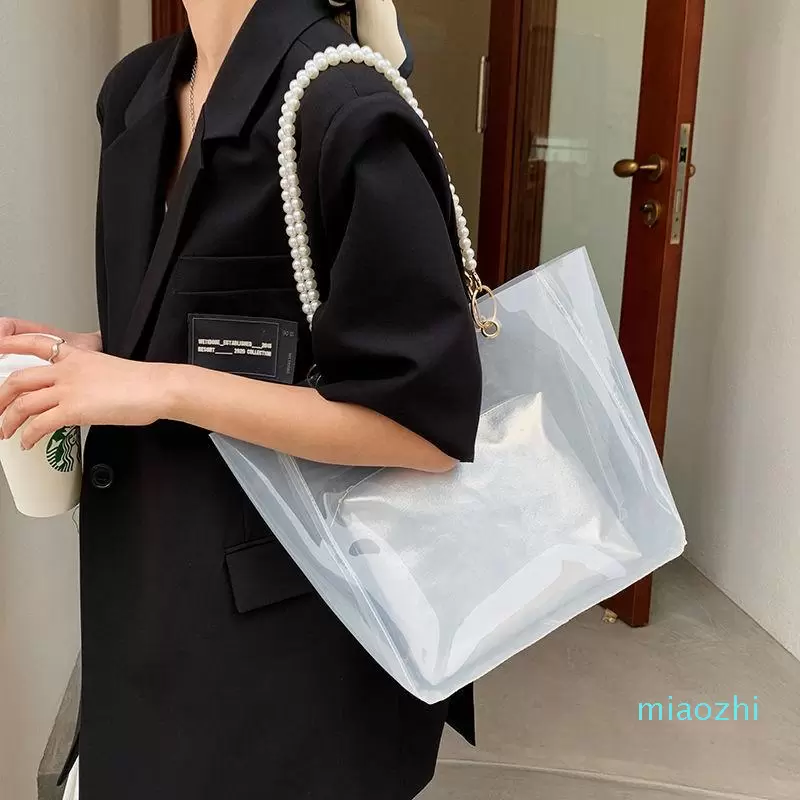 

Evening Bags Shoulder Women Transparent Large Capacity Casual Totes Female Shopping Bag Summer Fashion Ins Pearls Straps Portable Simple