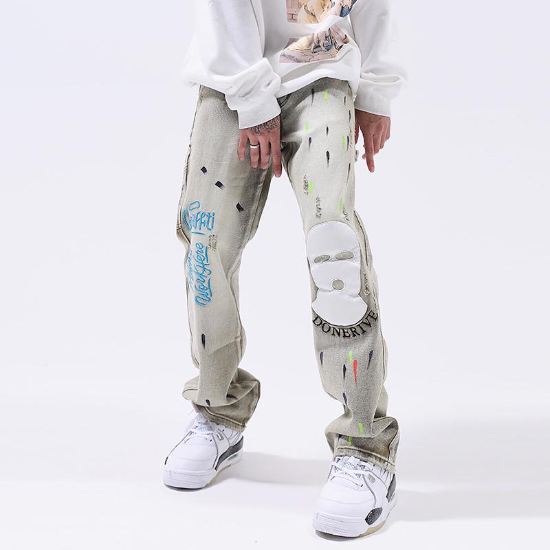 

Men's Jeans Men Tie-dye Printing Letter Embroidery Mask Patch Design Couple Retro Straight-leg Pants Preppy Pocket Distressed Trousers, Pic color