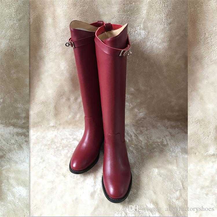 

h fashion boots women design genuine leather shoes autumn winter buckles female cow leather boots kelly knee high boots shoes zapatos