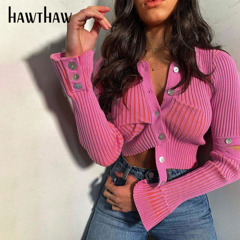 

Hawthaw Women Autumn Winter Long Sleeve Knitted Pink T Shirt Crop Tops 2021 Fall Clothes Wholesale Items Haut Femme, Rose red