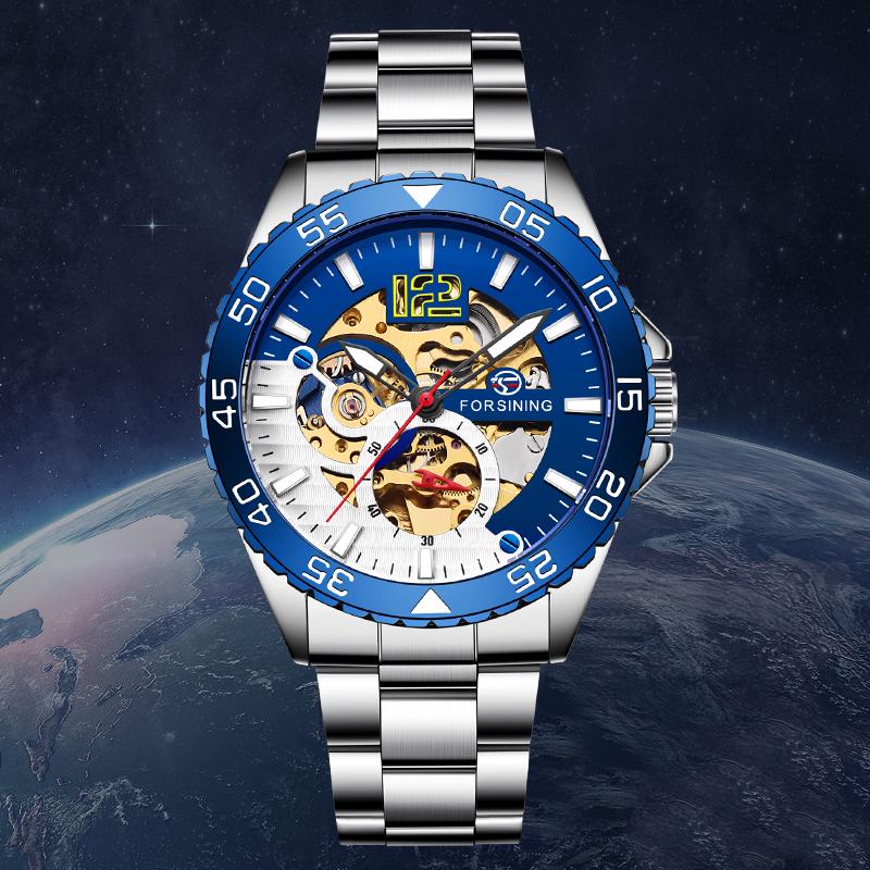 

Wristwatches Forsining Brand Sport Automatic Skeleton Watch Mens Luminous Genuine Stainless Steel Mechanical RelogioWristwatches, Silver blue