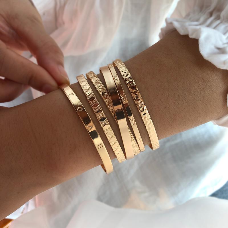 

Bangle PCs/Set Ins Exaggerated Opening Gold Bracelet Vintage Metal Pattern Striped Bracelets Set For Women Fashion Jewelry GiftBangle