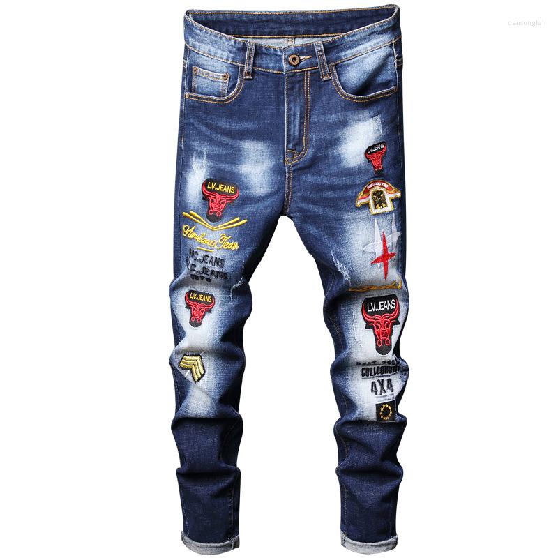 

Men's Jeans Straight Leg Pants Rhino Head Embroidery Pleated Motorcycle 2022 Men's Slim Brand Designer Denim MenMen's, Blue