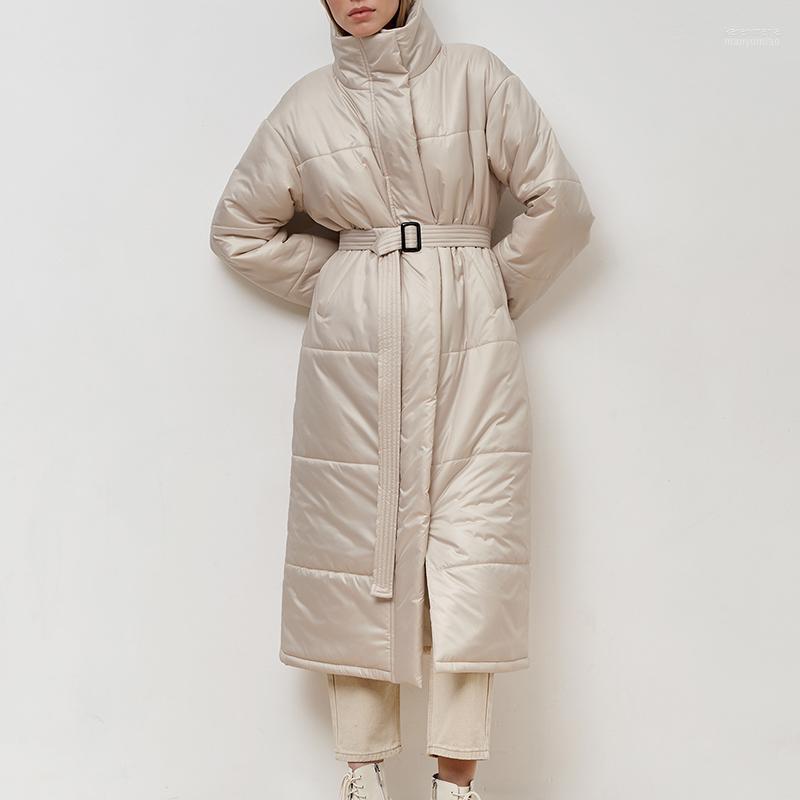 

Women's Down & Parkas Fashion Zipper Stand Collar Women Elegant Tie Belt Long Coats Collected Waisted Cotton Jackets Ladies Kare22, White