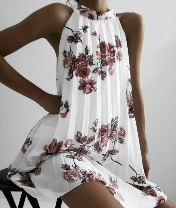 

Women Sleeveless Summer Boho Printed Beach Casual Loose Mini Shirt Beach Dress, White