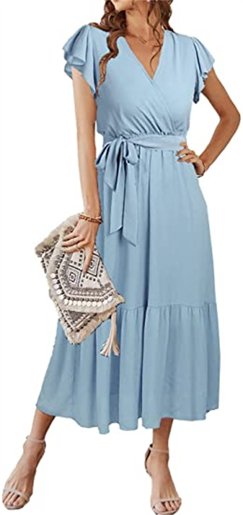 

Women' Tops & Tees Floral Summer Dress V-neck, short sleeves, belt pleated Hem A-line Bohemian dress, Photo color