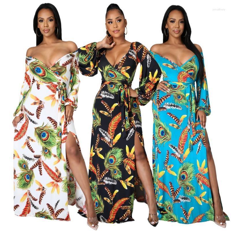 

Plus Size Dresses Women Fashion Long Dress Off The Shoulder Slash Neck Print Feather Lacing Split Fork Sexy Party Elegant Vestidos Feminino, Black