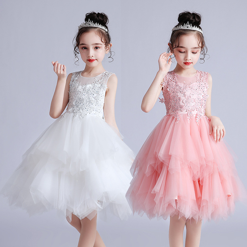 

Girls Dresses Wedding Party Clothes Flower Casual Mesh Gown Princess Summer Girl Dresses Children Dress, White