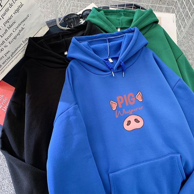 

Japanese Cute Oversized Hoodie Streetwear Women Top Korea Sweatshirt Pig Nose Print Jacket Fleece Kangaroo Pocket Winter Women's Hoodies & S, Black sweatshirt