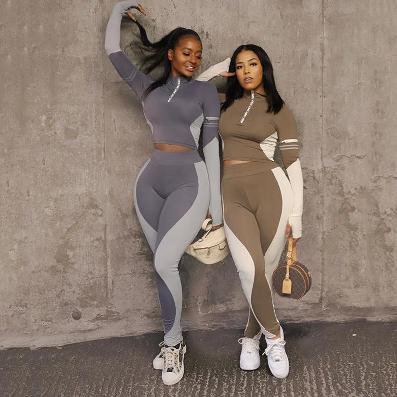 

Women' Two Piece Pants Women 2 Pieces Sets Stitching Contrast Color Zipper Leisure Tracksuit Autumn Winter Long Sleeve Crop Tops Sportswear, Brown