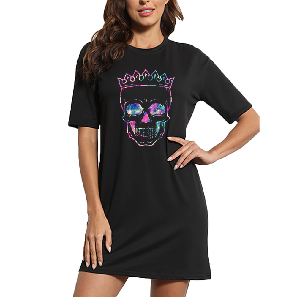 

Tshirt Dress Womens Starry Sky Skull Print Short Sleeve O Neck Mini Dresses Woman Party Casual Loose Summer Plus Size Korean Fashion Clothes, D001-white