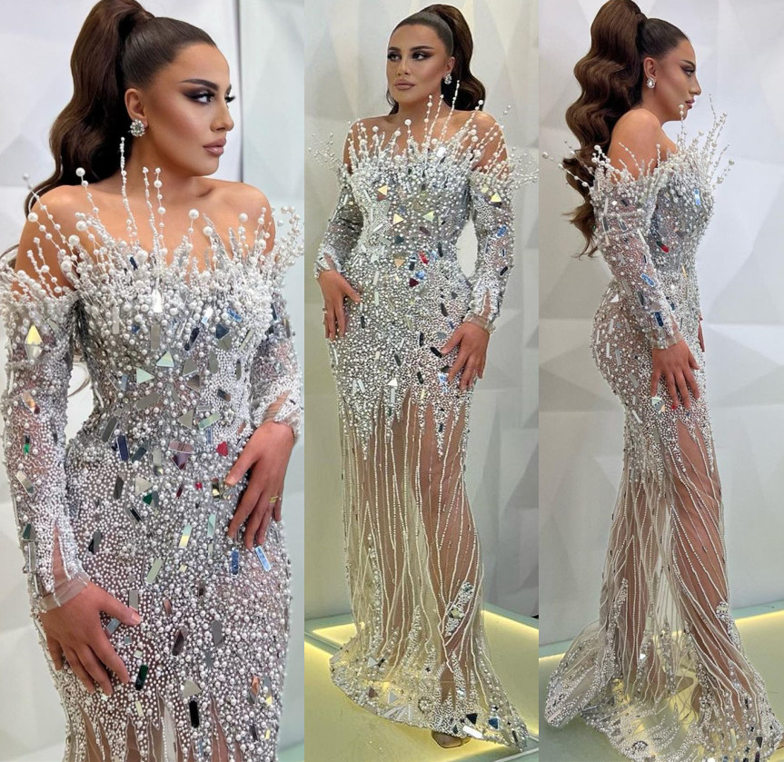 2022 Plus Size Arabic Aso Ebi Luxurious Mermaid Silver Prom Dresses Beaded Crystals Evening Formal Party Second Reception Birthday Engagement Gowns Dress ZJ225