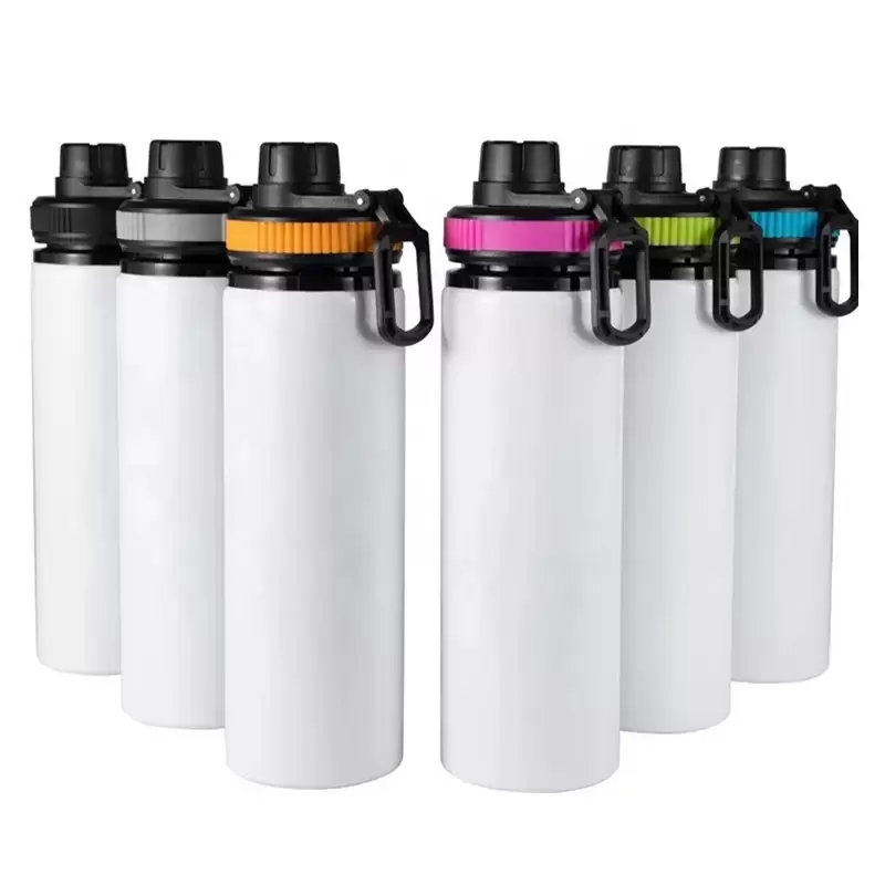 600 ml 20oz sublimeringsämnen Vita vattenflaskor Sångerskikt Aluminium tumlar som dricker utomhussportmuggar Drickskoppar med lock i 5 färger