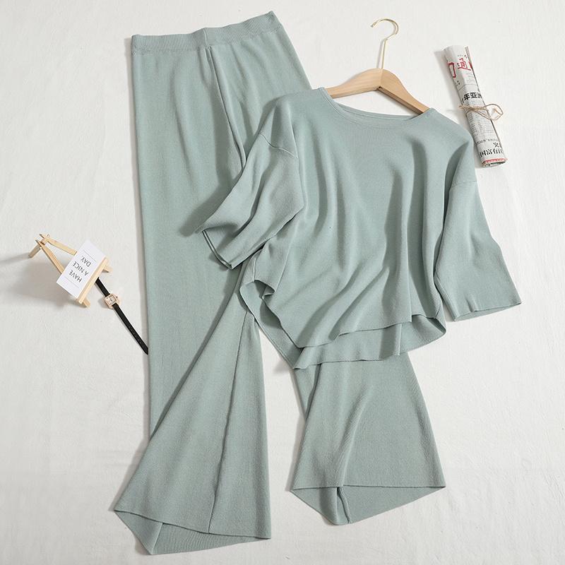 

Women's Two Piece Pants Summer Sets Temperament Loose Short Irregular Knitted Top High Waist Wide Leg Trousers Women Two-Piece SuitWomen's, Black