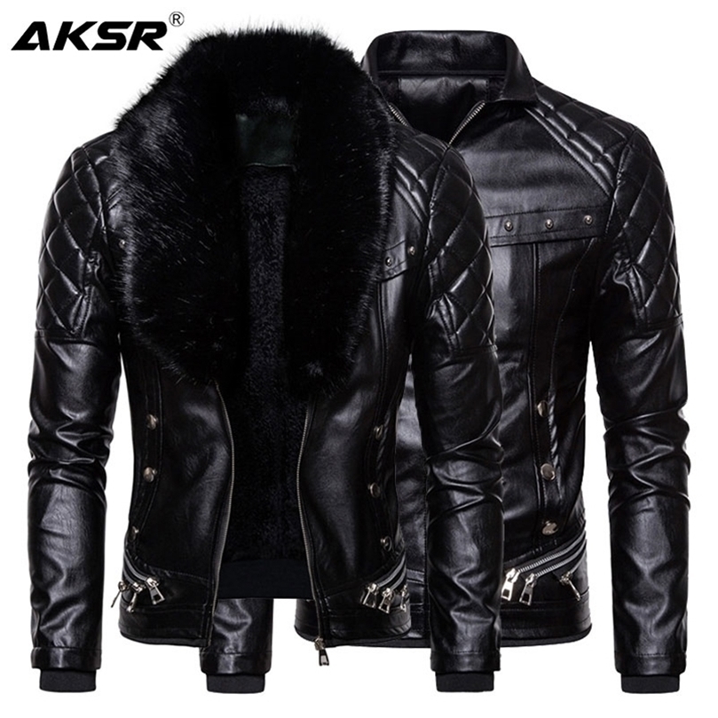 

Men' Biker Leather Jacket Fur Collar Detachable Faux Leather Motocycle Jackets Coats Casual PU Jacket Chaqueta Moto Hombre 201224, Coffee