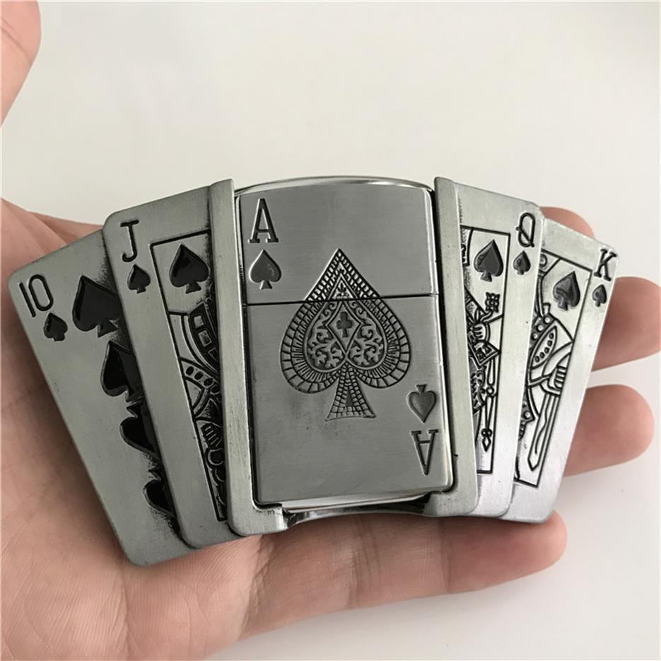 

Retail New Spades 10JQKA Playing Cards Kerosene Lighter Cowboys Belt Buckle With Metal Men Belt Accessories Fit 4cm Wide Belt255W