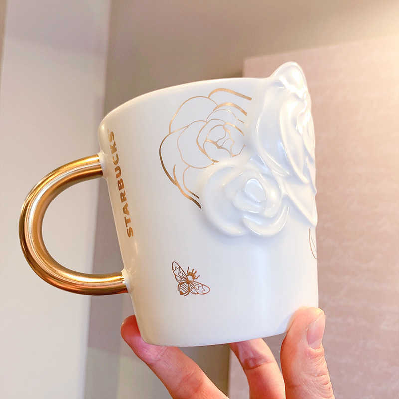 Starbucks cup 2022 three-dimensional camellia flower Mug gold handle white relief office coffee cup-image-760150739
