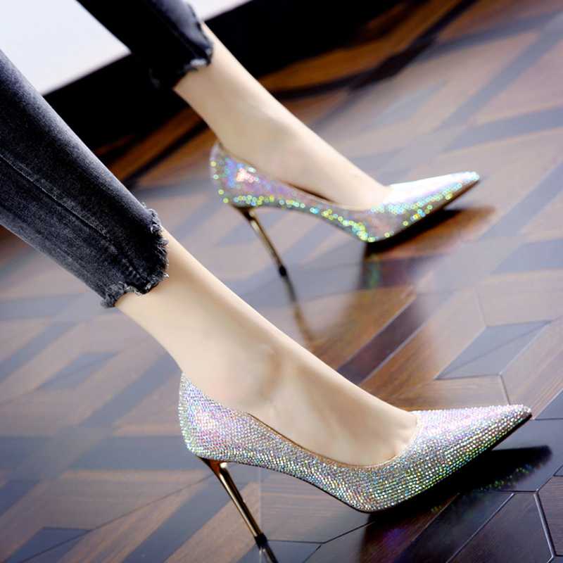 

Dress Shoes Spring Designed Sexy Party Rhinestone Pointed Toe Stiletto Thin High Heels Banquet Sequins ShoesDress, As picture