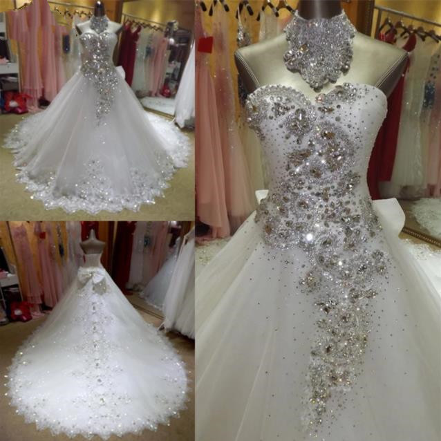 

Real Sample Vestido De Noiva 2022 princess Sweetheart Tulle applique Crystal Beaded Elegant lace-up Wedding Dresses Long Train, Silver