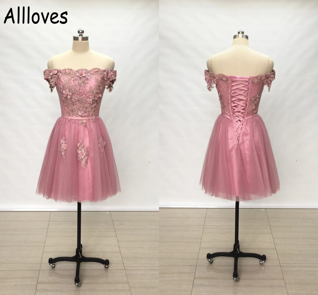 Pink 3D Floral Lace Applques Girls Homecoming Cocktail Dresses Bateau Off The Shoulder A Line Knee Length Short Prom Party Gowns Lace-up Back Ves