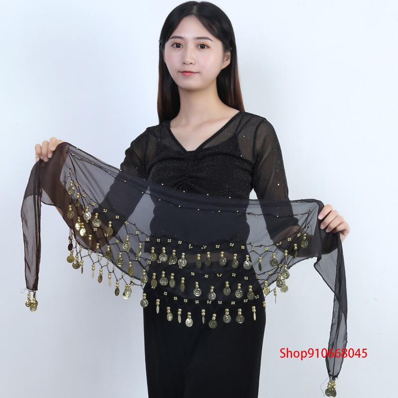 

Belts Summer Ladies Fashion Exaggerated Belly Dance Waist Chain 72 Gold Coins Girdle Three-layer Chiffon Belt Hip Towel A, White