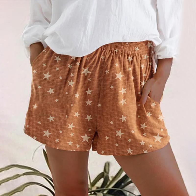 

Women' Shorts Loose Bohemian High Waist Star Print Ladies Cotton And Linen Breathable Pocket Straight SummerWomen, Green